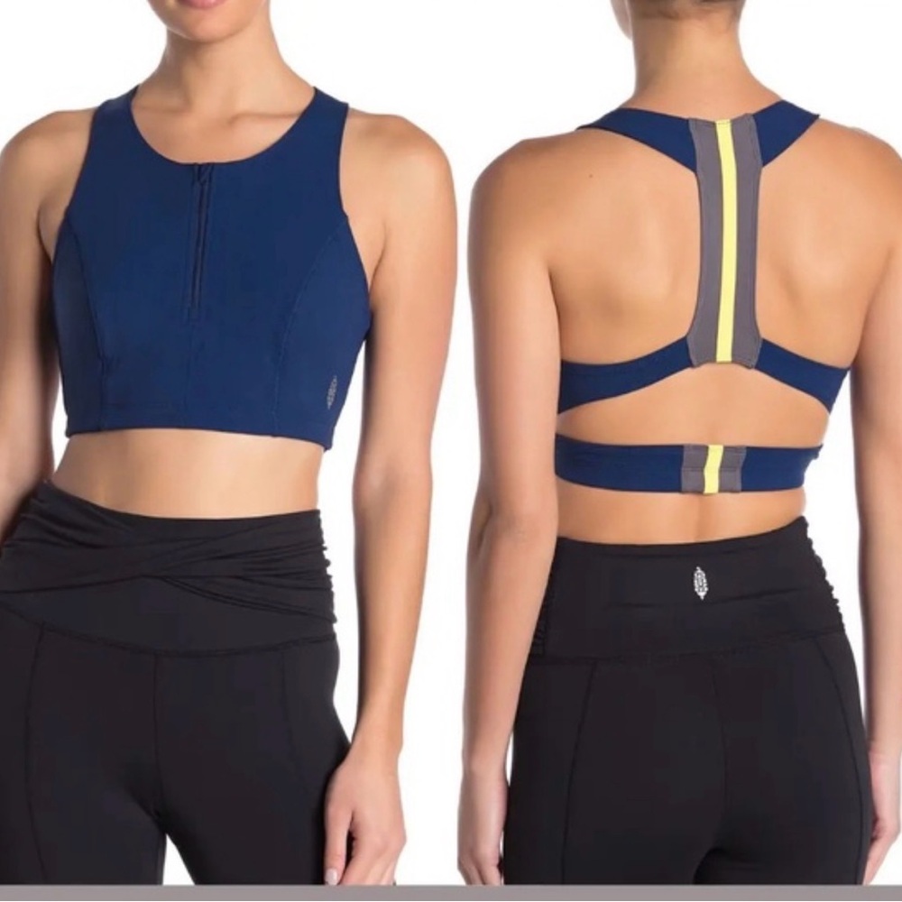 Free People Blue Zip-Front Racerback Sports Bra with Navy Trim